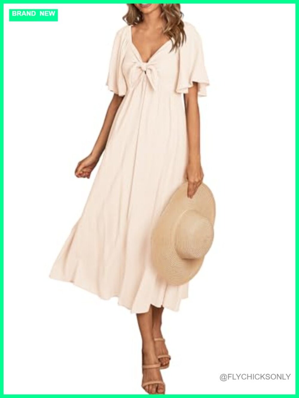 Women's Summer Bow Tie V Neck Midi Dress A-Line Flowy Smocked Back